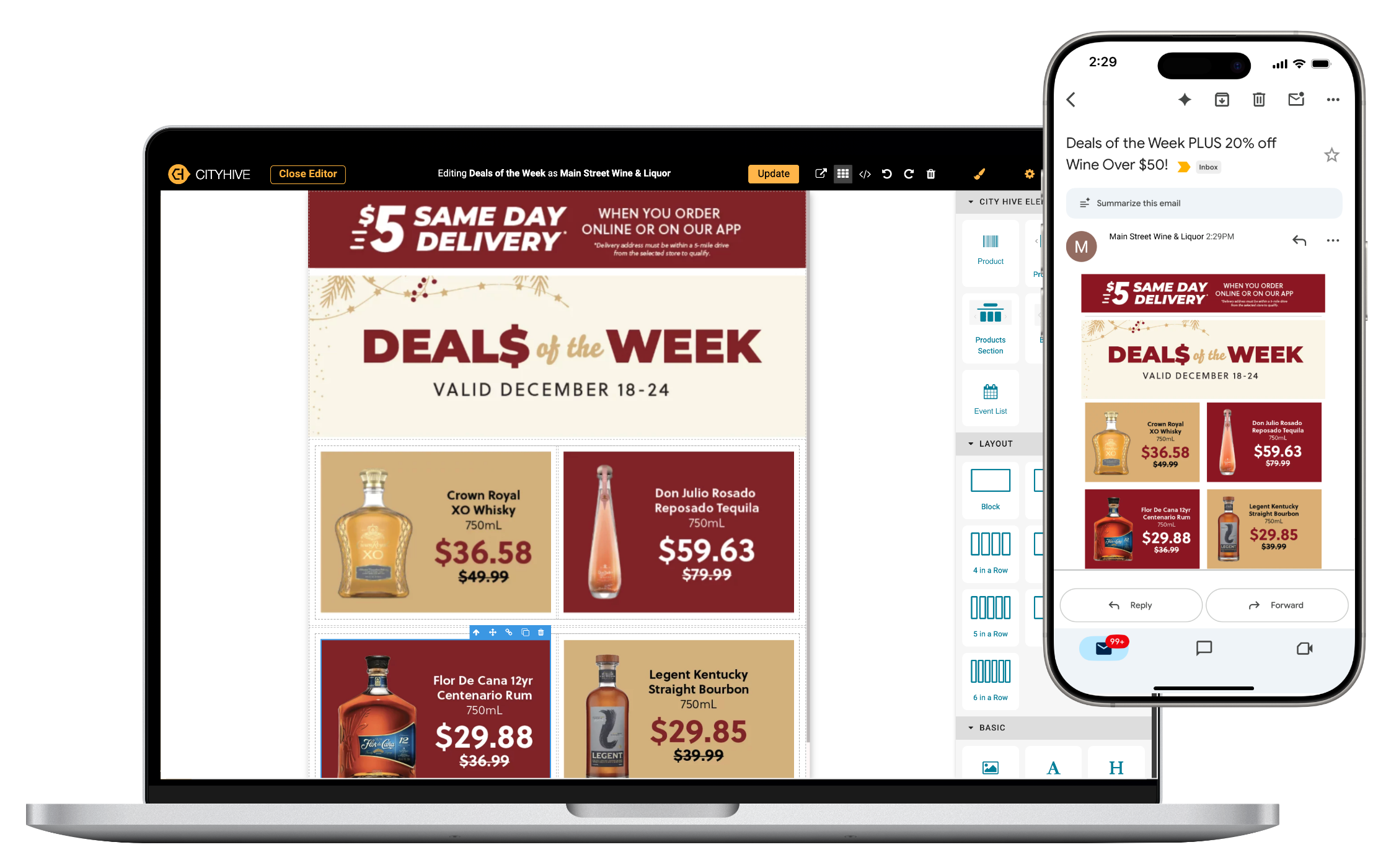 Email campaign example shown in a desktop editor and a mobile email app