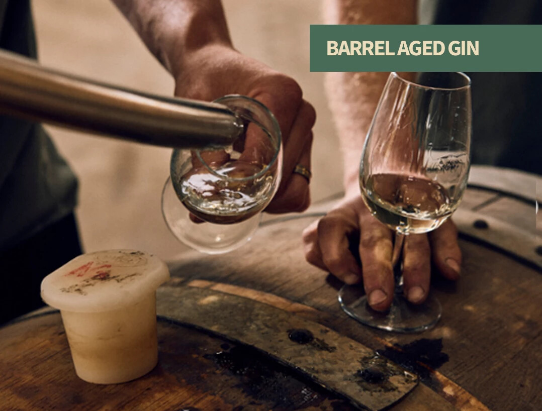 Barrel-aged gin featuring botanical character layered with oak, vanilla, spice, caramel, and toasted depth.