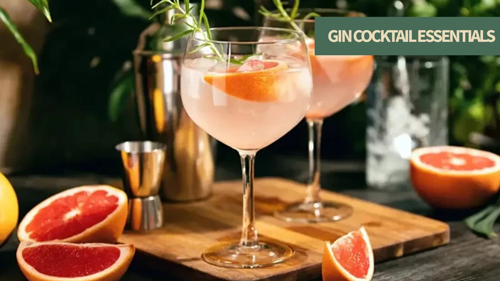 Gin cocktail essentials including mixers, bitters, syrups, garnishes, and tools for Gin and Tonics, Collinses, Negronis, and more.