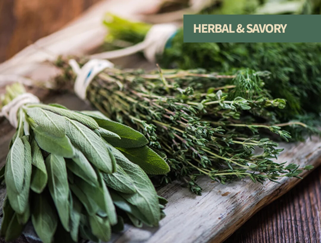Herbal and savory gin featuring garden herbs, spices, roots, and earthy botanicals with culinary character.