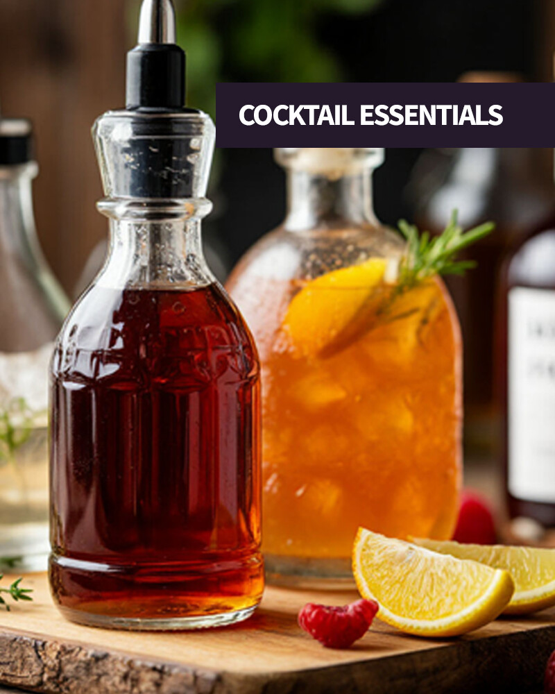 Cocktail essentials at The Party Source including bitters, syrups, cherries, olives, and garnishes