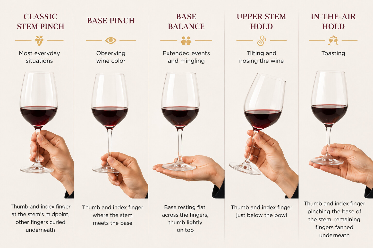 Five ways to hold a stemmed wine glass