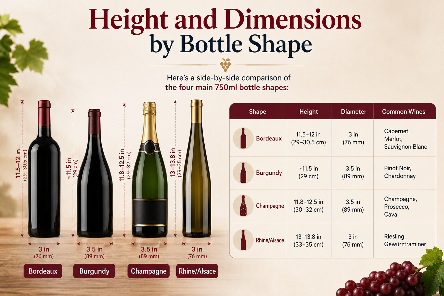 Height and dimensions by wine bottle shape