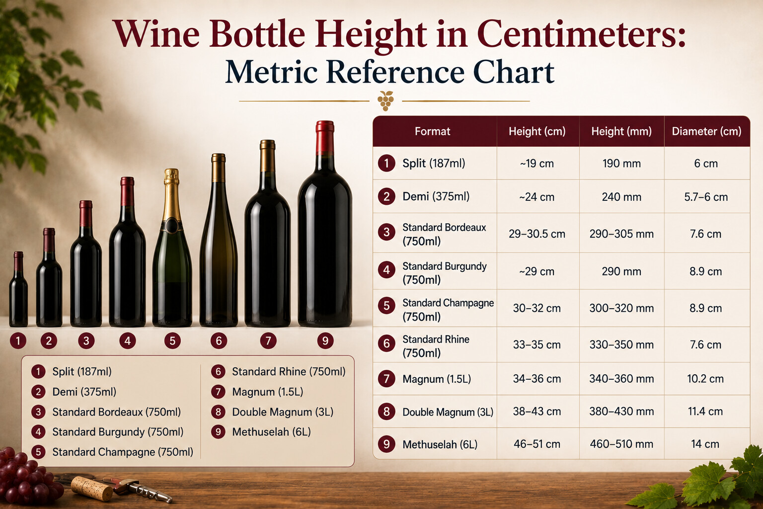 Wine bottle height in centimeters metric reference chart