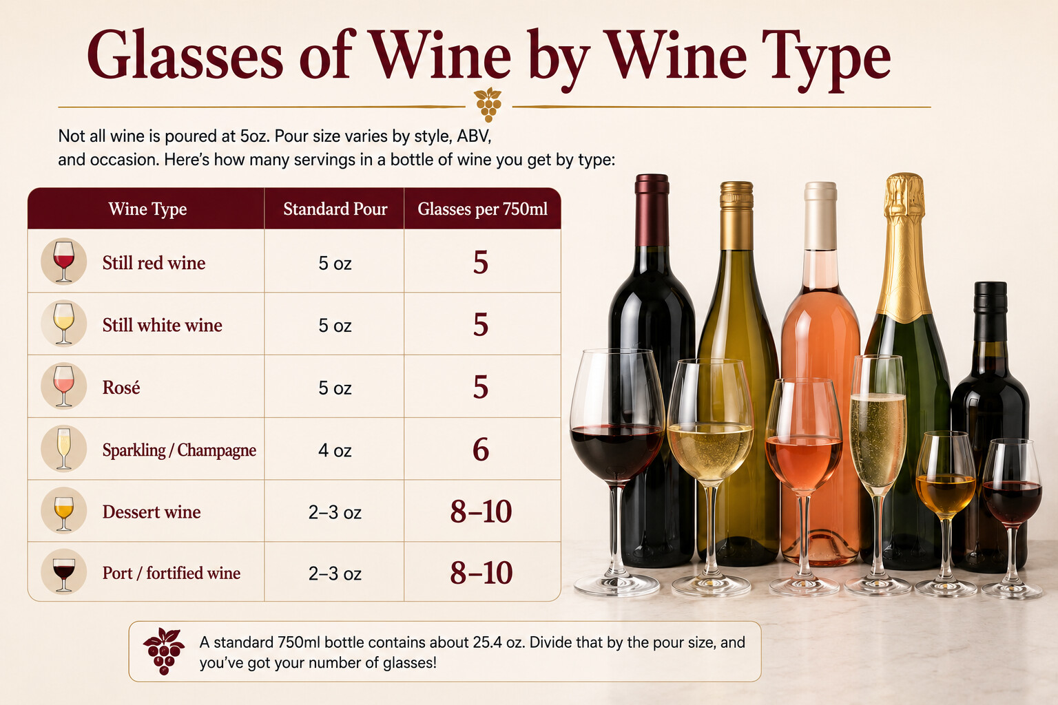 Glasses of wine per bottle by wine type