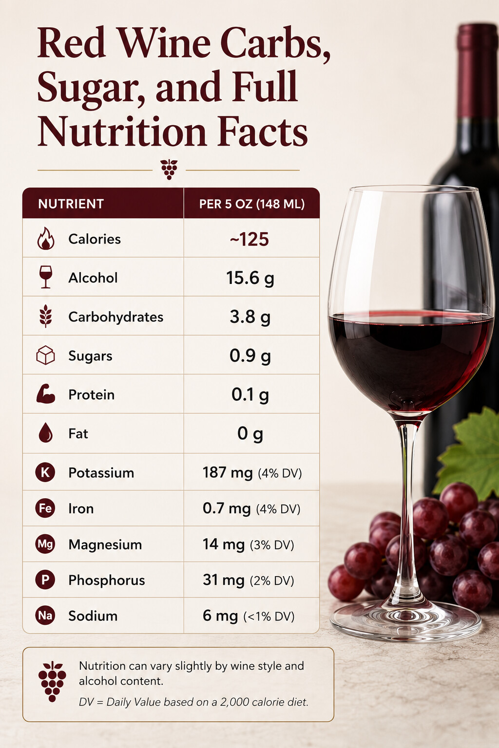 Red wine nutrition facts per 5oz glass