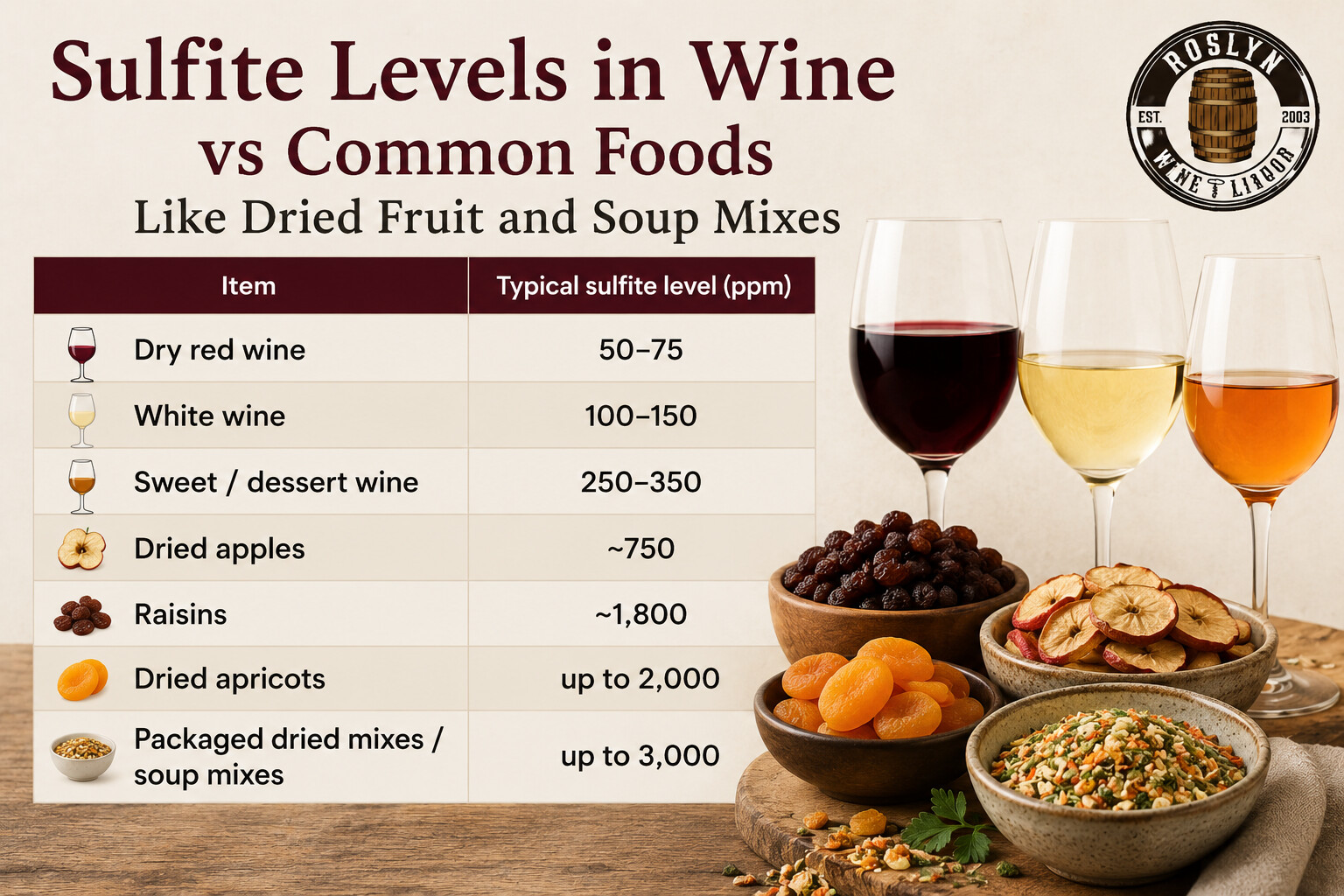 Sulfite levels in wine compared to common foods like dried fruit and soup mixes