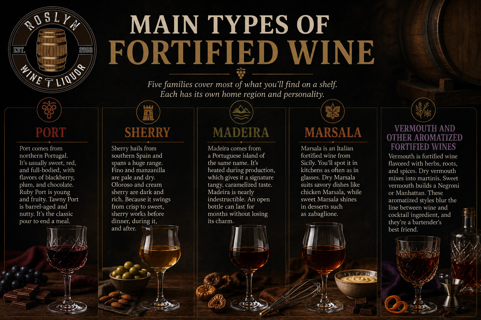 Main types of fortified wine — Port, Sherry, Madeira, Marsala, and Vermouth