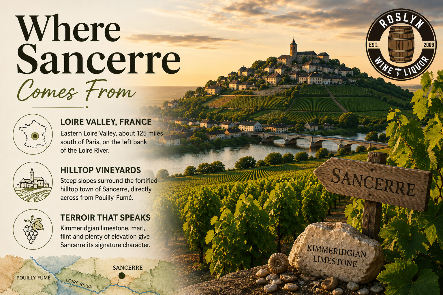 Map of the Sancerre wine region in the eastern Loire Valley, France