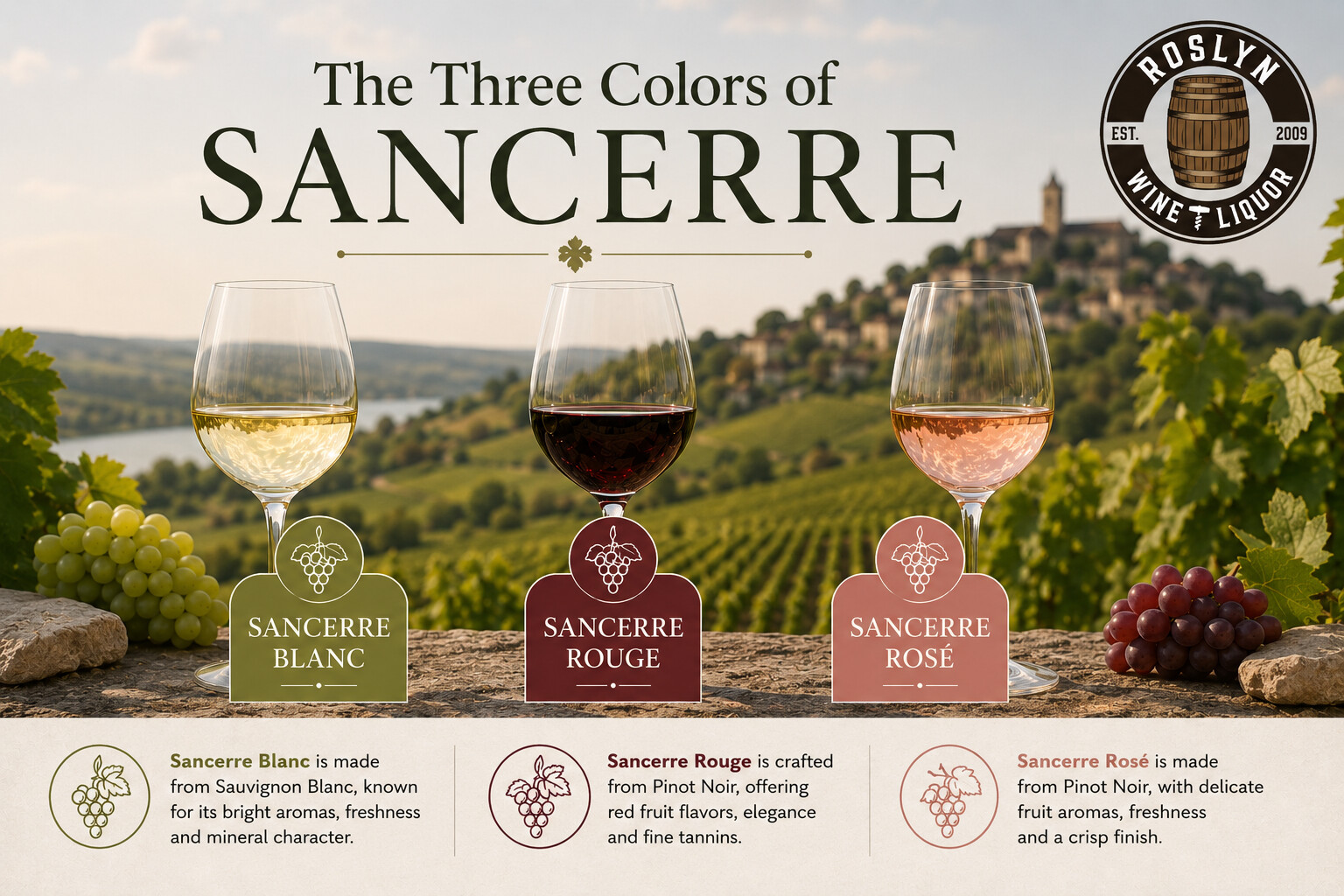 The three colors of Sancerre — white, red, and rosé