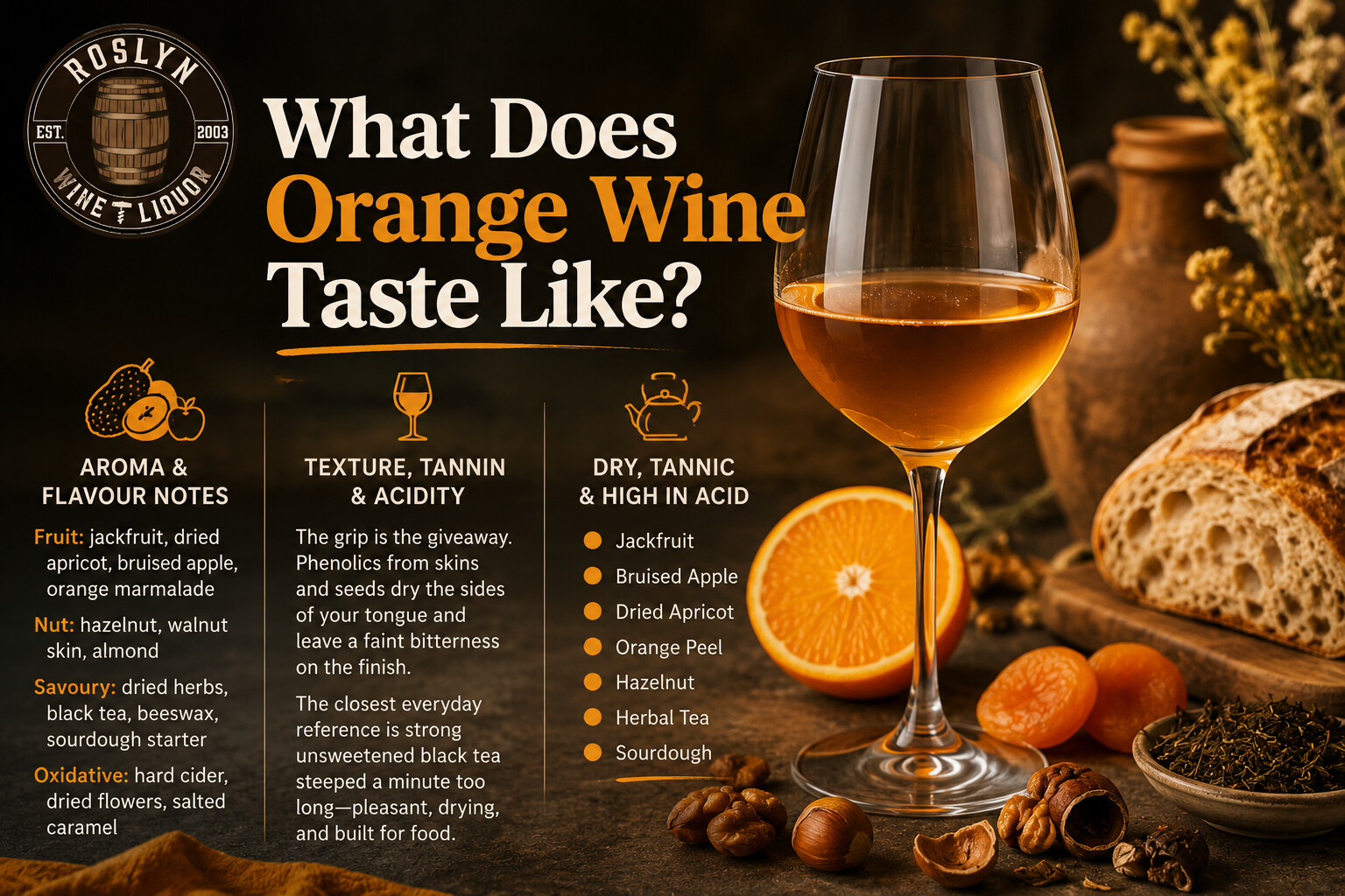 Glass of amber orange wine showing its color, texture, and tannic grip