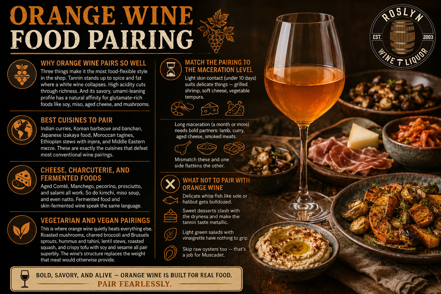 Orange wine served alongside spiced, fermented, and umami-rich dishes