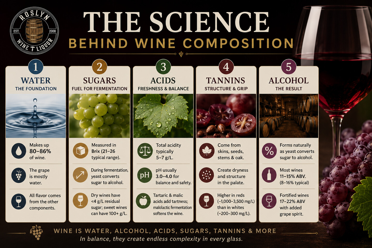 Diagram of wine composition showing water, alcohol, acids, and phenolics