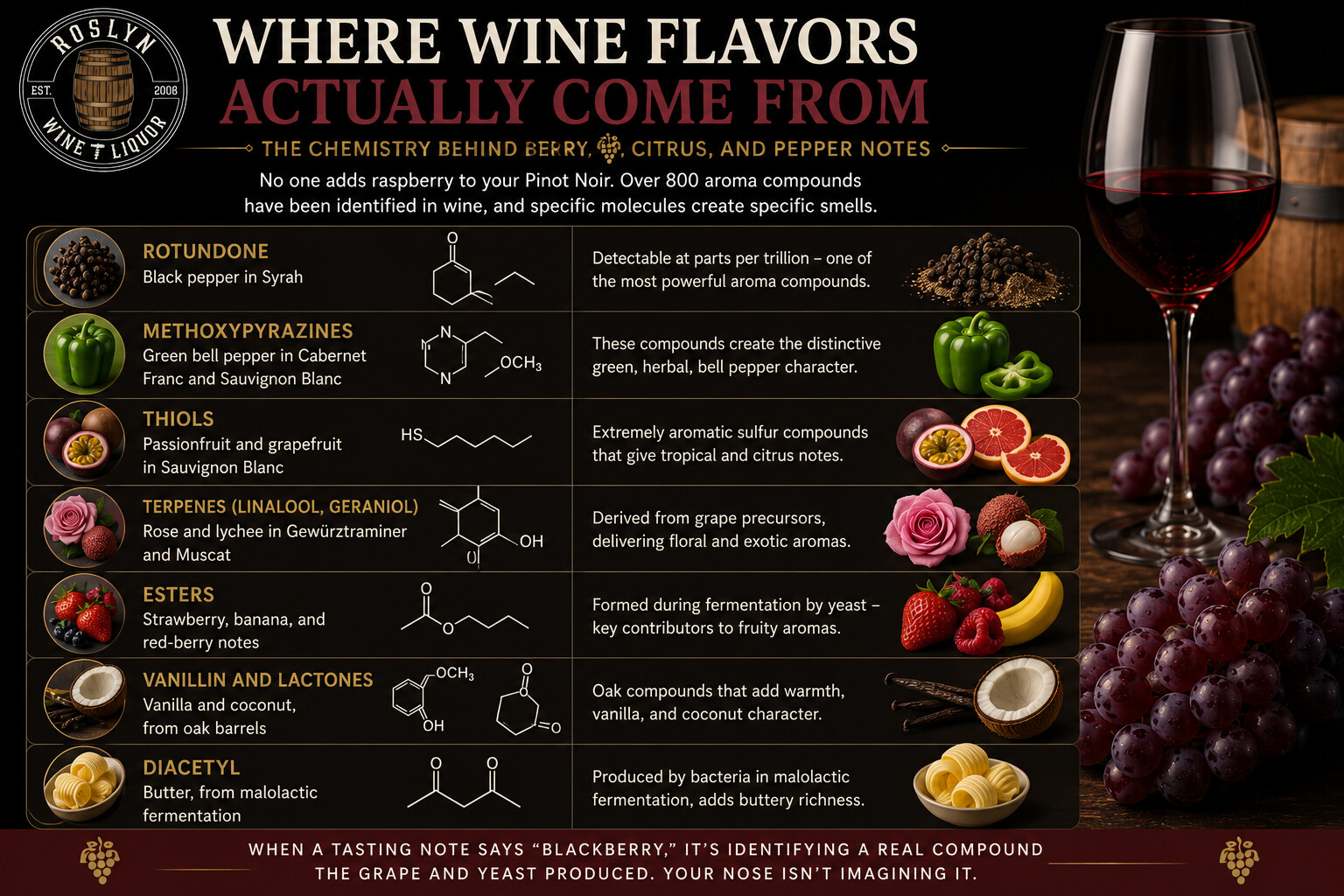 Illustration of aroma compounds in wine that create berry, citrus, and pepper notes