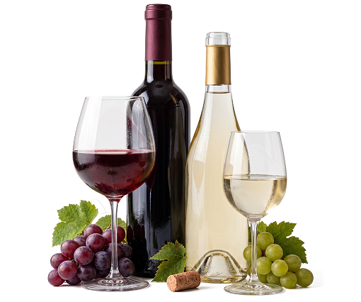 Bottles of red and white wine with glasses and grapes