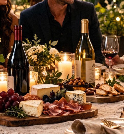 Table set with wine, cheese board and candles for a dinner party