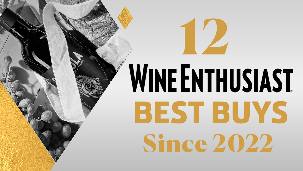 Promotional graphic on a light grey background with large text reading "12 WINE ENTHUSIAST BEST BUYS Since 2022." A gold and black geometric section on the left displays a top-down view of a wine bottle next to a bunch of grapes.
