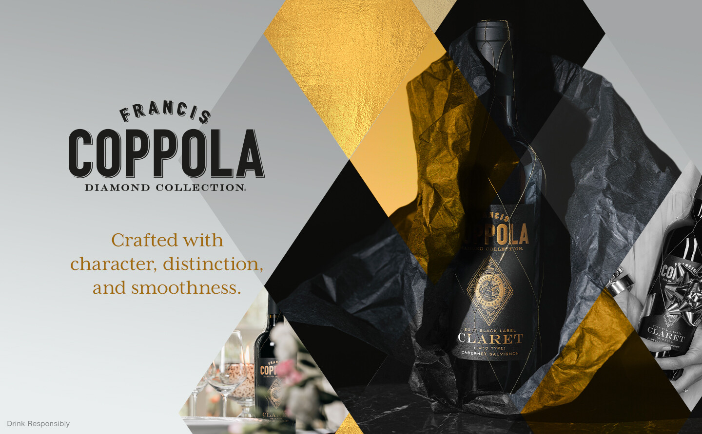 Promotional banner for Francis Ford Coppola Diamond Collection featuring abstract gold, black, and grey geometric shapes framing a black label wine bottle wrapped in black tissue paper and gold netting. Text on the left reads: "Crafted with character, distinction, and smoothness."