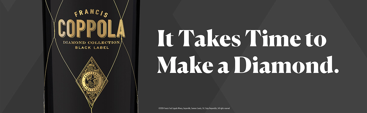 A dark grey graphic banner showcasing a close-up of the gold netting on a Francis Ford Coppola Diamond Collection Black Label wine bottle. Large white text on the right reads: "It Takes Time to Make a Diamond."