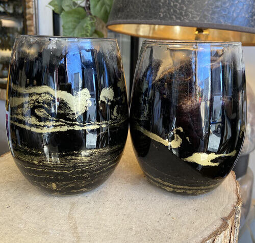 D And S Craftworks 20oz Black With Gold Swirl Hand Made Stemless Wine Glass Set Of 2