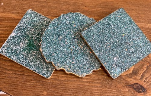 Soleil Bris Hand Made Green And Gold Speckled Agate Resin Mixed Coasters Set Of 3
