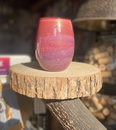 D And S Craftworks 20oz Purple With Pink Gold And Coral Swirl Hand Made Single Stemless Glass