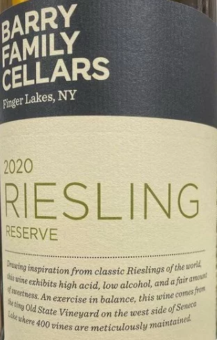 Barry Family Cellars Reserve Riesling 2020