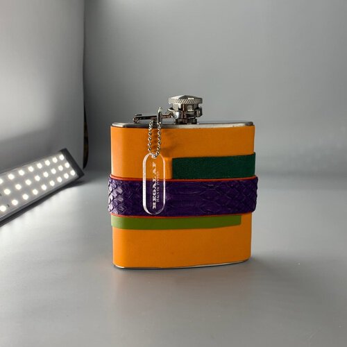 Haus Of Topper Objects Exotic Skin Wrapped Large Flask Orange With Purple & Green
