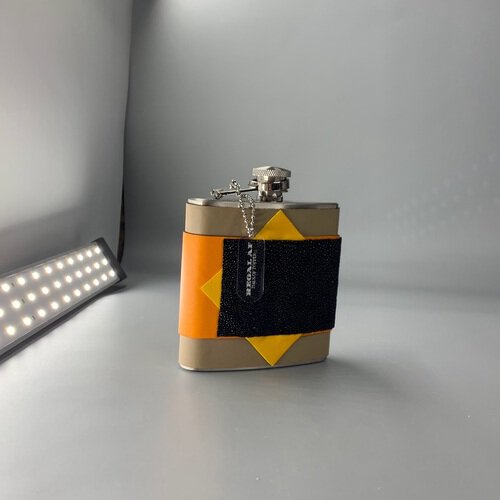Haus Of Topper Objects Exotic Skin Wrapped Large Flask Tan With Yellow Orange & Black Eel Skin
