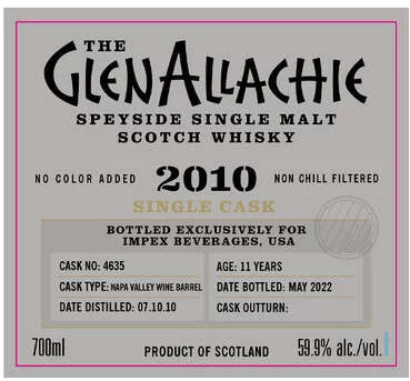 GlenAllachie Single Cask 2010 11 Year Old Napa Valley Wine Cask #4635