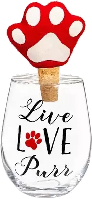 Stemless Glass With Paw Print Stopper Live Love Purr Gift Set