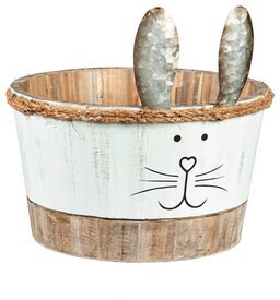 Small Wood Bunny Planter With Metal Ears
