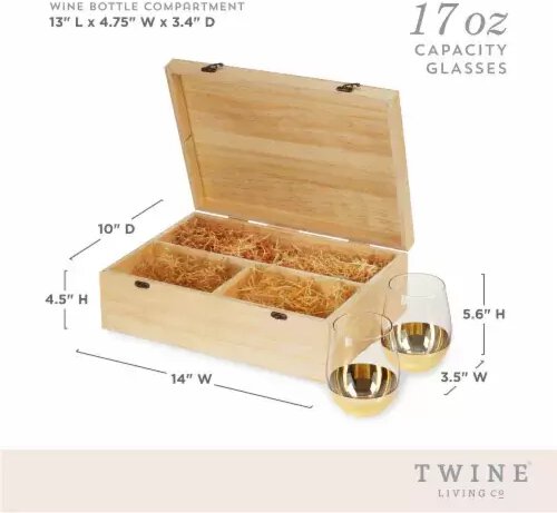 Wood Wine Box with Set of 2 Stemless Glasses gold by Twine Living - GIFT BOX -