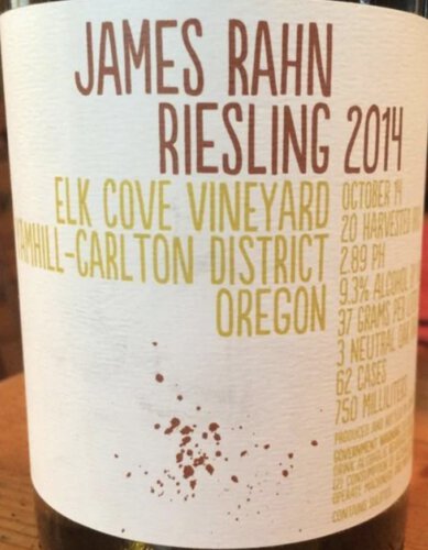 James Rahn Elk Cove Vineyard Willamette Valley Riesling 2016