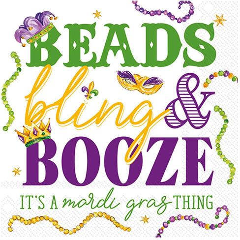 Mardi Gras Beads Bling and Booze Beverage Napkins