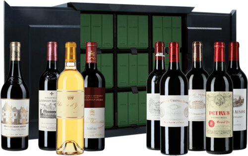 Bordeaux Collection - 9 bottles (d'Yquem, Haut-Brion, La Mission Haut-Brion, Mouton Rothschild, Lafite Rothschild, Margaux, Ausone, Cheval Blanc, Petrus)