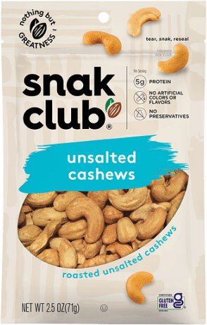 Snak Club Unsalted Cashews 2.5oz