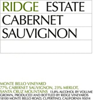 Ridge Vineyards Cabernet Sauvignon Monte Bello Vineyard Estate Santa Cruz Mountains