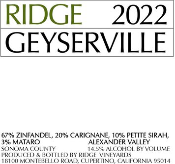 Ridge Vineyards Geyserville 40th Vintage Sonoma County