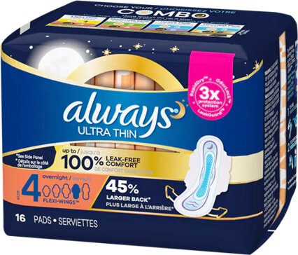 Always Ultra Thin Pads Overnight With Wings Size 16 Ct