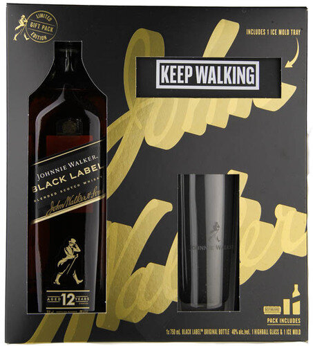 Johnnie Walker Black 12Yr. Blended Scotch Whiskey (gift set with one Highball Glass & one Ice Mold Tray)