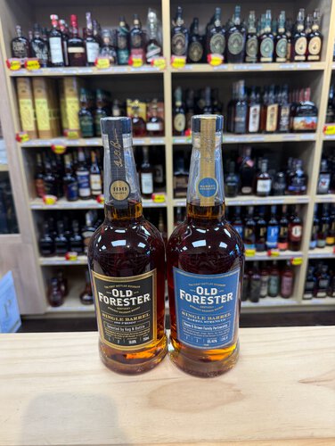 Old Forester Single Barrel Barrel Proof & 100 Proof Blue+Black Label