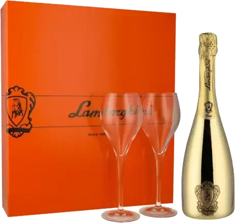 Lamborghini Gold Brut Sparkling Wine Gift Set W Crystal Glasses
