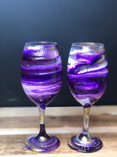 D And S Craftworks Large 20oz Purple Green Gold Clear Multicolor Hand Made Single Stemless Wine Glass