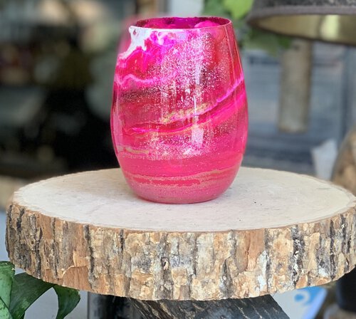 D And S Craftworks 20oz Pink With Gold And White Swirl Hand Made Single Stemless Glass