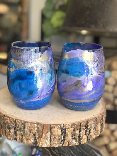 D And S Craftworks 20oz Blue With Gold And Purple Swirl Hand Made Stemless Glass Set Of 2