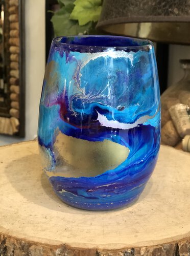 D And S Craftworks 20oz Aqua Blue Purple With Gold Swirl Hand Made Single Stemless Glass