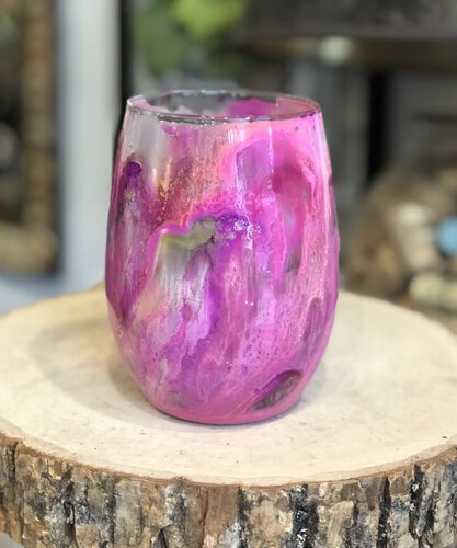 D And S Craftworks 20oz Pink With Coral And Gold Swirl Hand Made Single Stemless Glass