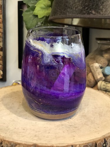 D And S Craftworks 20oz Purple With Gold And White Swirl Hand Made Single Stemless Glass