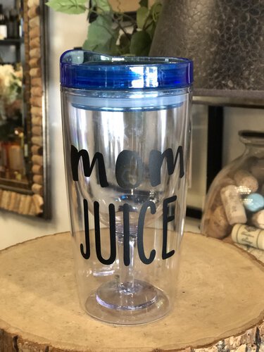 D And S Craftworks Plastic Wine Tumbler Clear Blue Top With Wine Glass Inside And Mom Juice Saying